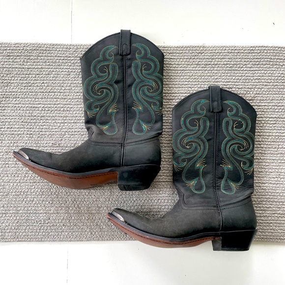 Vintage Shoes - Vintage Smokey Mountain Teal Brown Embroidered Black Leather Cowboy Boots